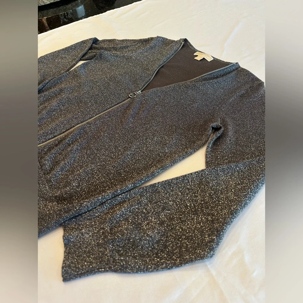Michael Kors Glittering Silver Black Zip Up Top Size Medium